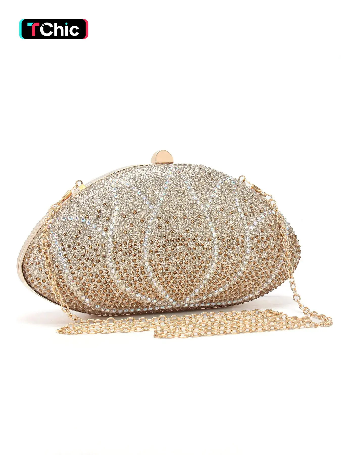 Luxurious shell-shaped full-rhinestone evening clutch, Fashionable Embellished Clutch, crystal-handled handbag, with chain shoulder strap for crossbody wear, perfect for weddings, dances, and parties, available in multiple sparkling colors
