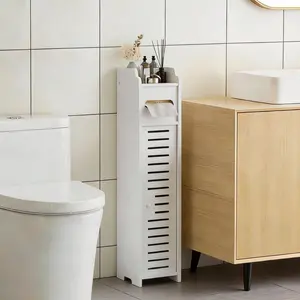 White Freestanding Small Bathroom Corner Floor Cabinet - Toilet Paper Storage with Door and Shelves, Space-Saving Bathroom Organizer