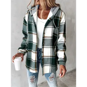 Plaid Pattern Long Sleeve Shacket Button Fleece Lined Hooded Jackets Warm Coat
