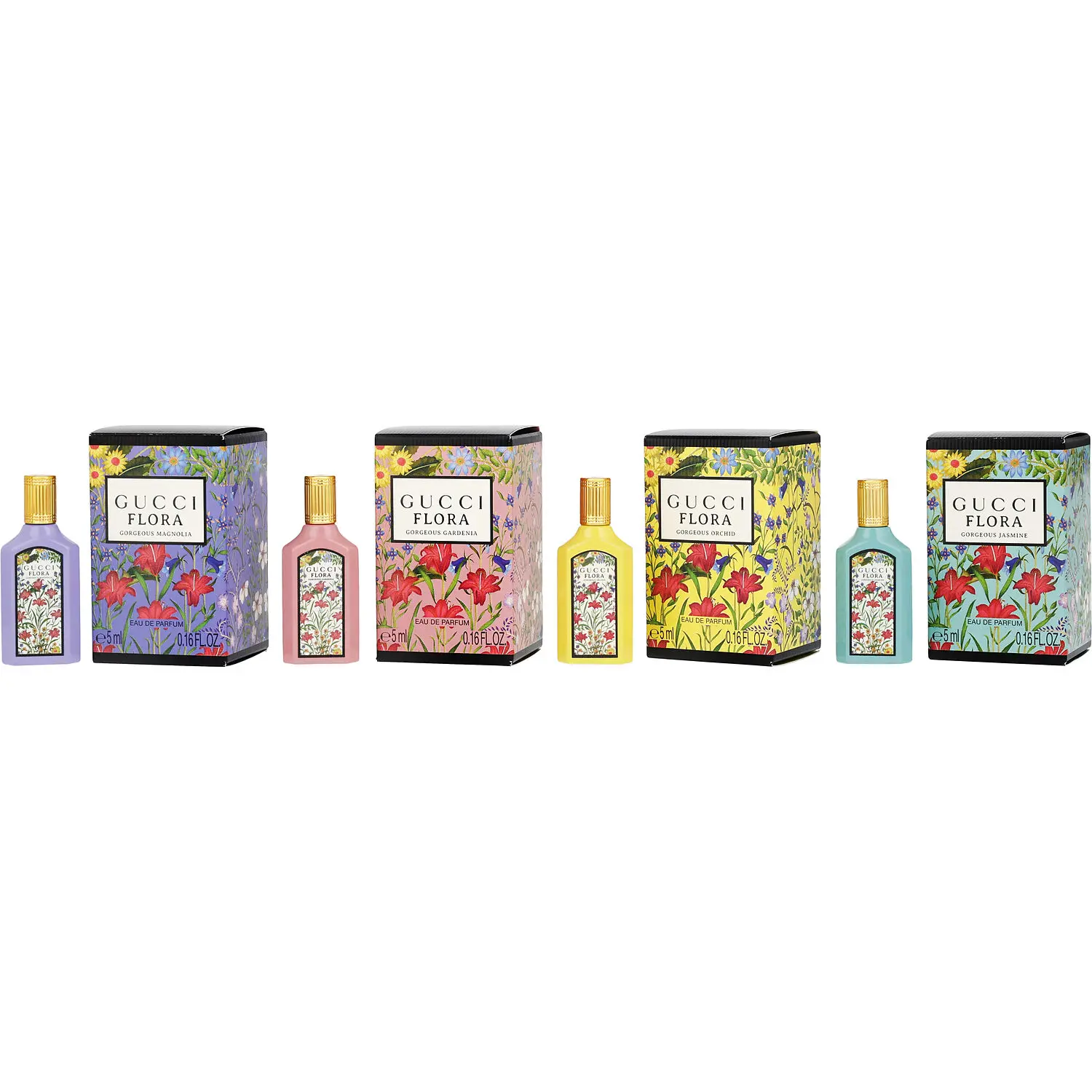Gucci Variety Set-4 Piece Flora Set With Gorgeous Magnolia & Gorgeous Gardenia & Gorgeous Orchid & Gorgeous Jasmine And All Are Eau De Parfum 0.17 Oz Minis For Women