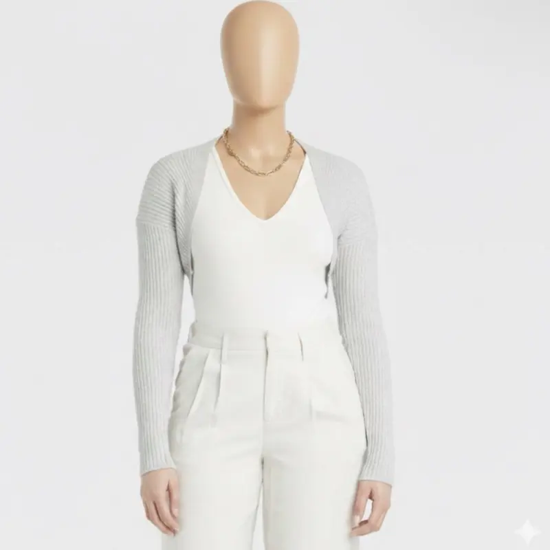 Women's Bolero Ribbed Cardigan Size Medium Light Gray Long-sleeve Super-crop Midweight 2x2 Rib Knit Open-front Regular Fit Soft Stretchy Blend