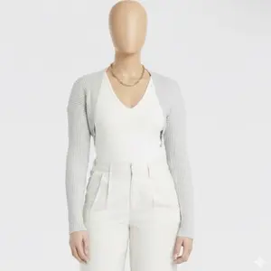Women's Bolero Ribbed Cardigan Size Medium Light Gray Long-sleeve Super-crop Midweight 2x2 Rib Knit Open-front Regular Fit Soft Stretchy Blend