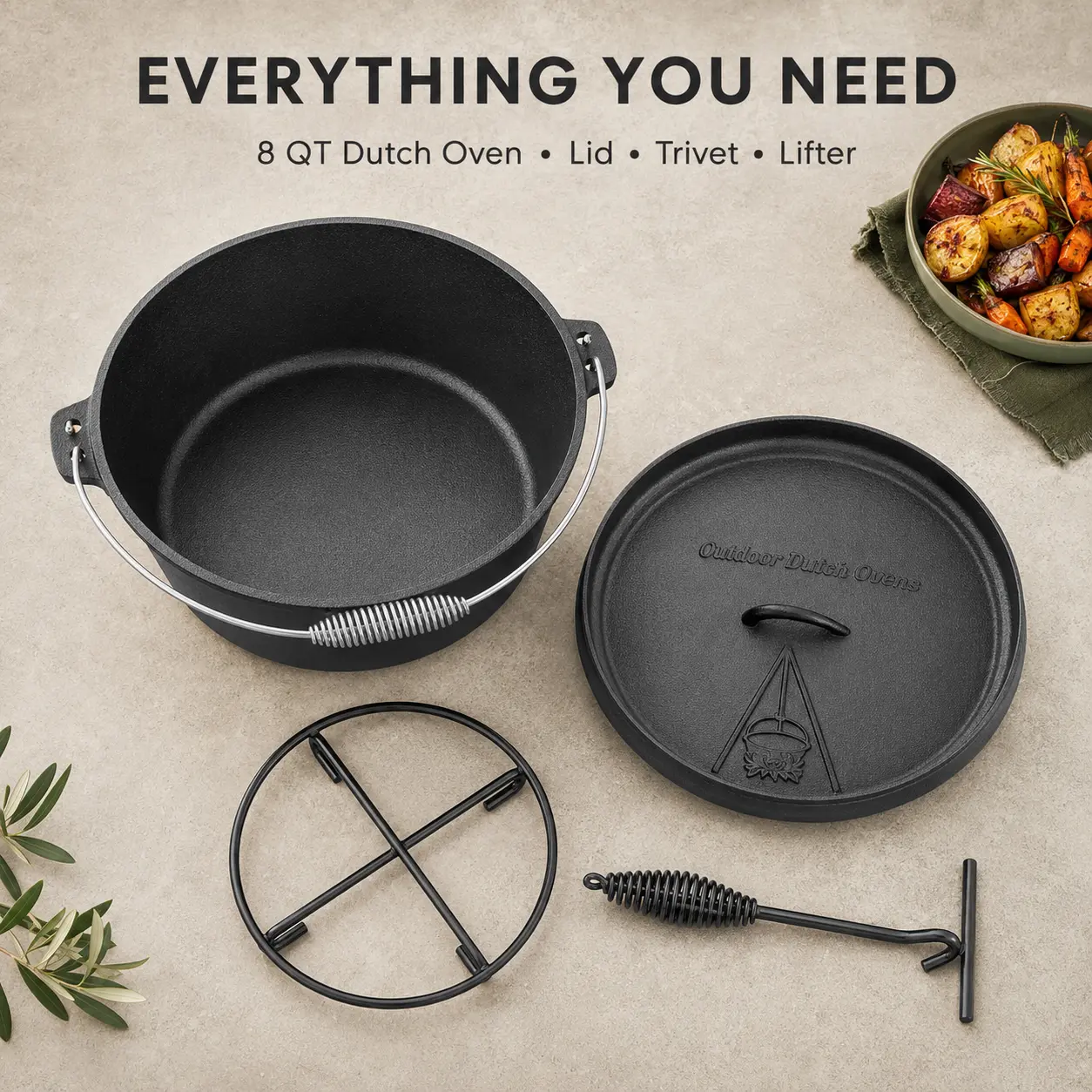 TLGREEN Dutch Oven Pot with Lid, 12/8/6.2/4.2 Cast Iron Dutch Oven, without Feet, with Stand & Spiral-shaped Handle, Cast Iron Pot for Outdoor & Indoor,   Campfire Cooking Pot, Camping Cookware for BBQ, Baking, Stews, Soups & Sourdough Bread ,Camping Gear
