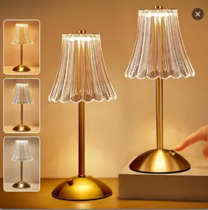 Portable Crystal Metal Desk Lamp - 12'' Tall Gold Rechargeable LED Brass Lamp with Built-in Dimmer, Cordless USB-Chargeable, for Home & Dining Room Indoor-Outdoor Use