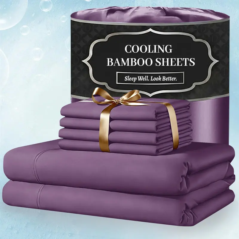 SASTTIE Luxury Bamboo Bed Sheet Set - 3/4/6-Piece Solid Queen Size Extra Deep Pocket Secure Fitted Sheets & Pillowcases, Breathable Durable, Hotel Luxury Machine-Washable, Halloween Gifts