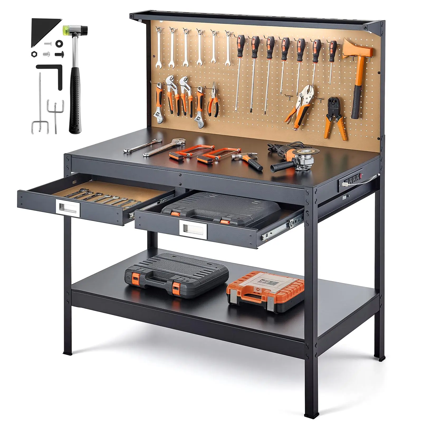 VEVOR Hardwood Workbench, 242.5 lbs Weight Capacity, 47.2-inch Heavy Duty Workbench with Pegboard, 4 AC Outlets & 2 USB Ports, 4.9 ft Cable & 30 Hooks, Garage Work Bench with Drawer for Workshop