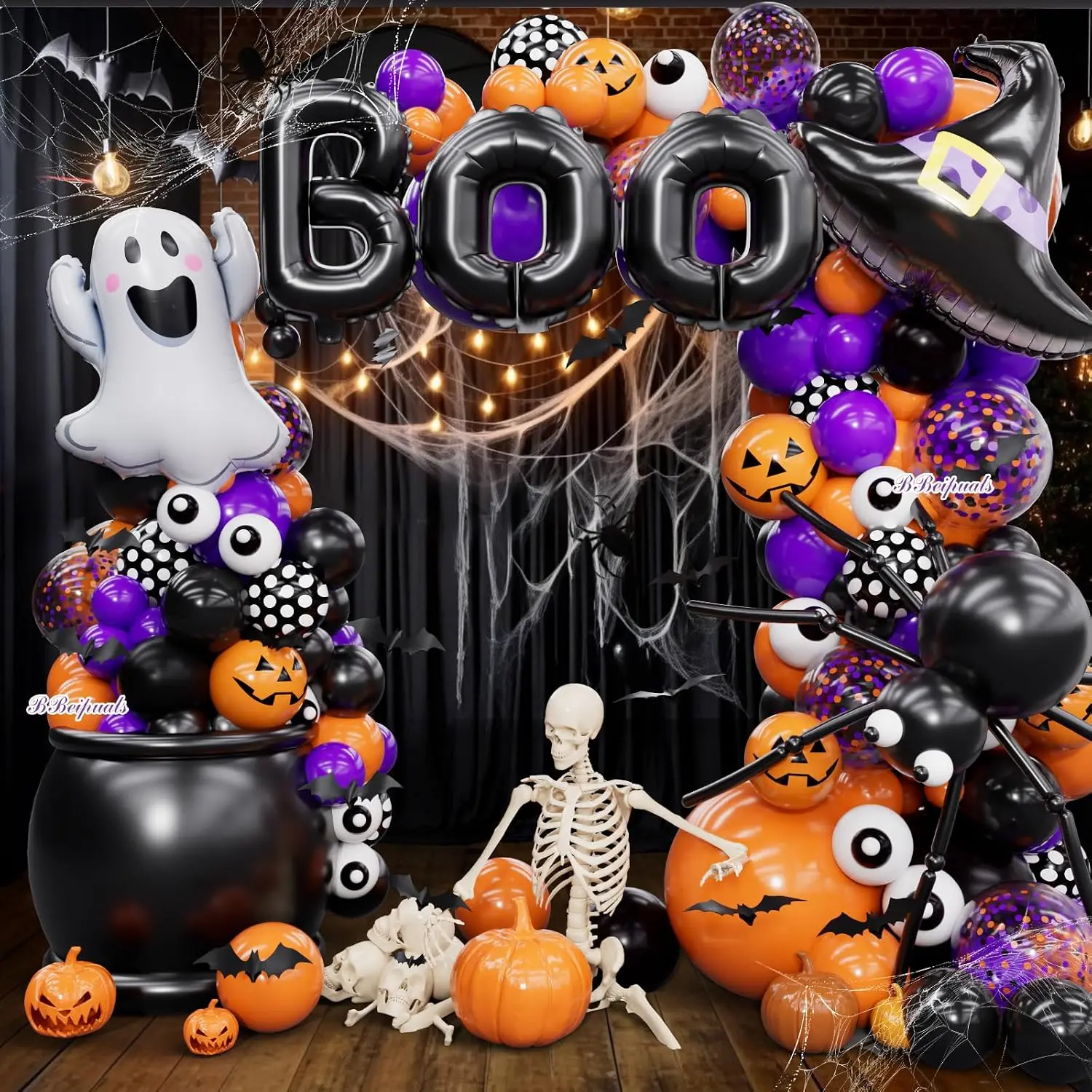 192PCS Halloween Balloon Arch Kit - Black, Orange, Purple Balloons with Ghost, Witch Hat, BOO Foil, Pumpkin, Spider Web Designs for Haunted House, Fall Celebration