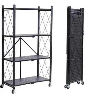 4-Tier Foldable Storage Shelves with Wheels, Folding Metal Rack Shelving Unit, Heavy Duty No Assembly Organizer Shelf for Garage, Kitchen, Basement, Pantry, Black