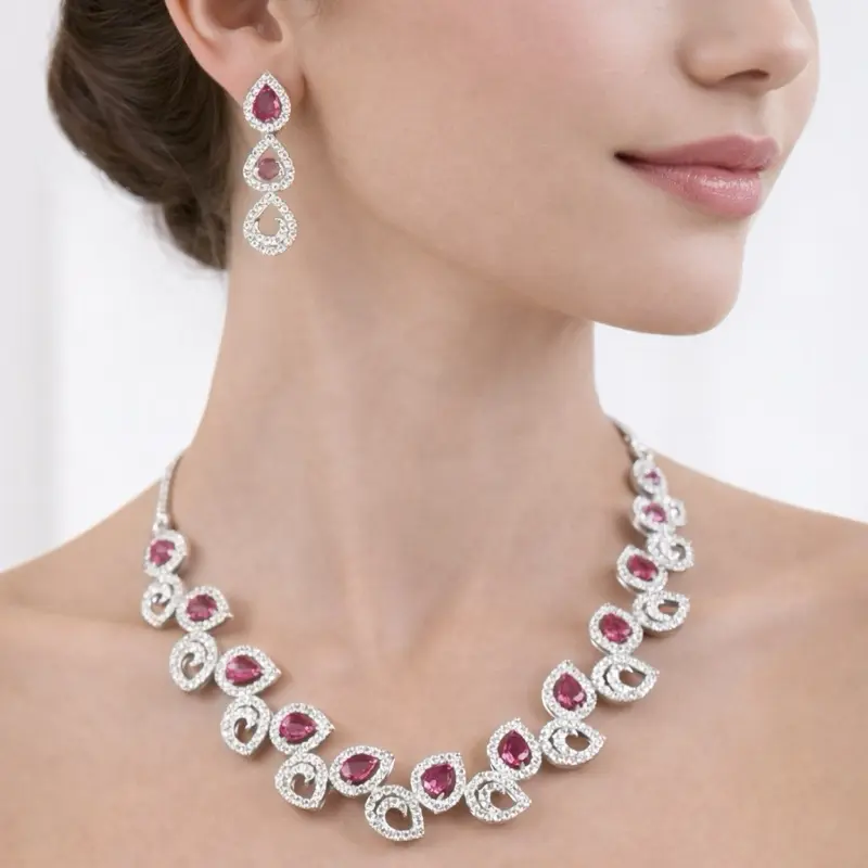 AD with Glass Stone Necklace Set - High Quality Material, Matching Earrings, Versatile for Any Outfit and Occasions