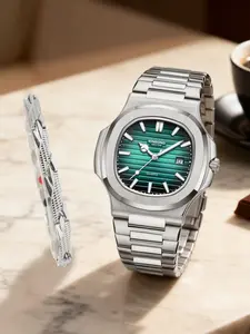 2-piece set of men's gentleman style quartz watches with complimentary bracelet, high-end square personalized quartz wristwatch