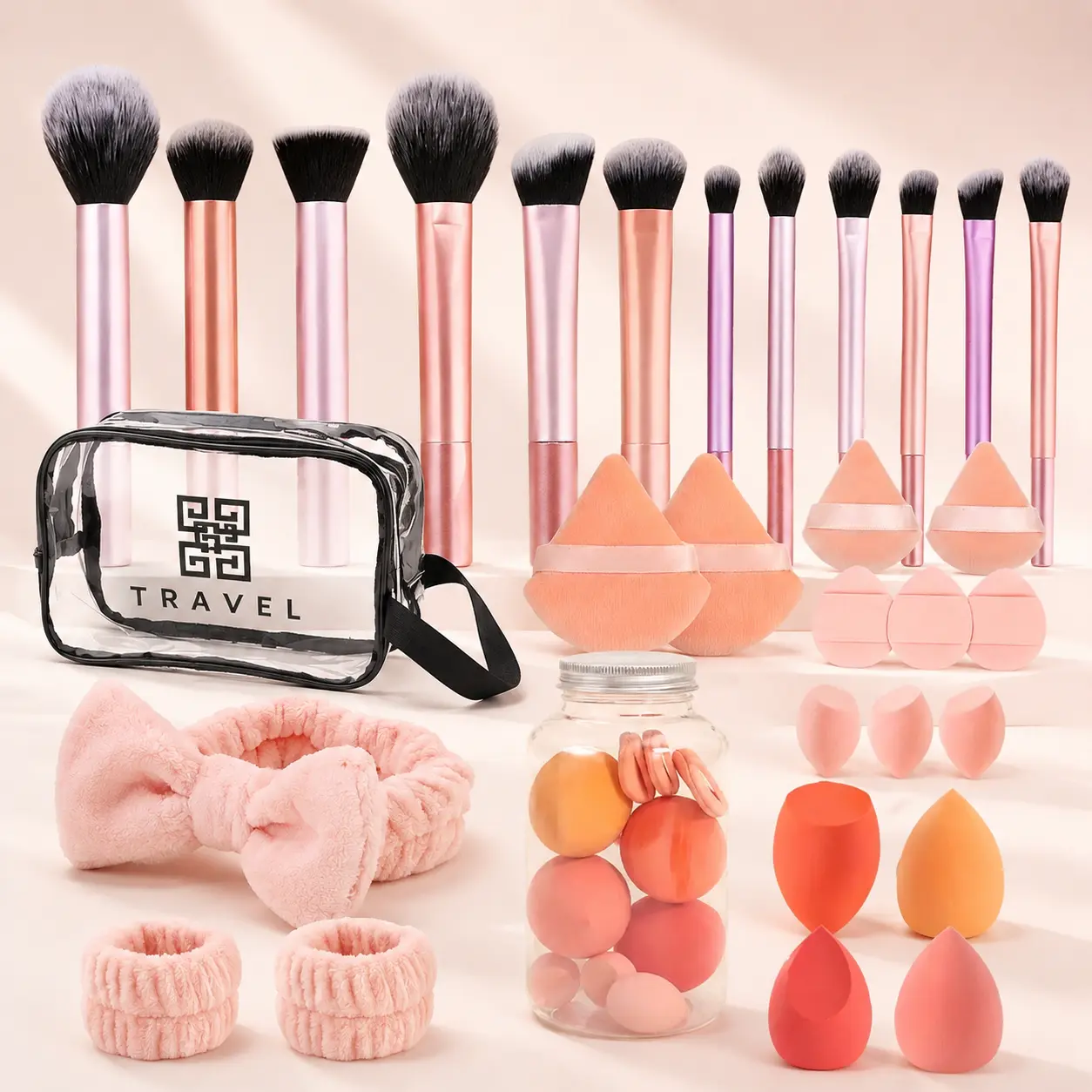 30Pcs All-in-1 Makeup Tool Set - Synthetic Makeup Brushes, Beauty Sponges, Powder Puffs, Hair Headband and Wristbands, Portable Clear Travel Bag, Complete Cosmetic Kit for Beginners and Daily Makeup