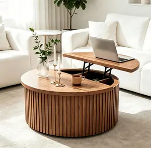 Fluted Lift Top Coffee Table with Storage, 34.6'' Round Coffee Tables for Living Room, Circle Wood Center Table with Hidden Conpartment