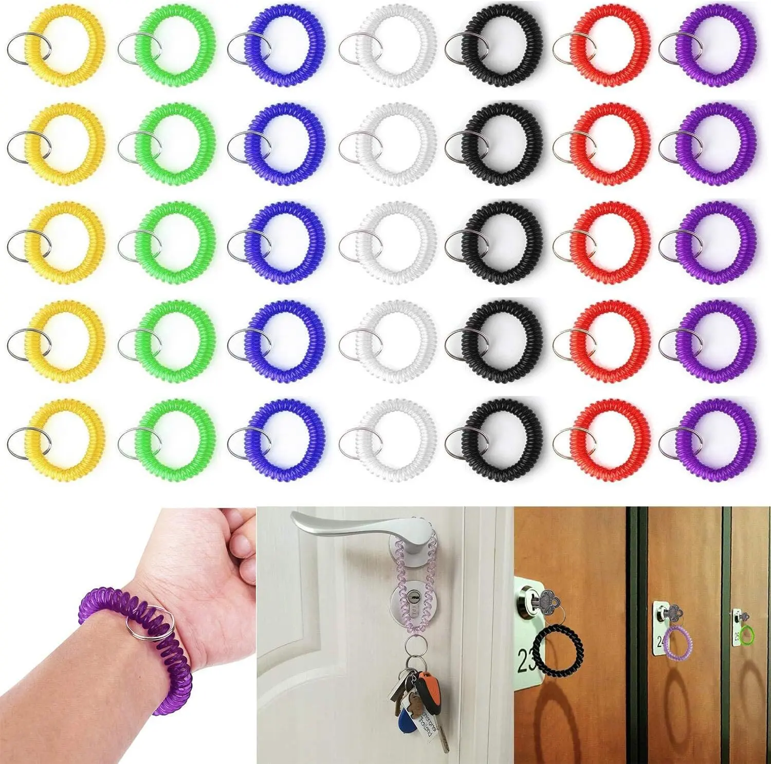Assorted Color Stretchable Plastic Bracelet Wrist Coil Wrist Band Key Ring Chain Holder Tag
