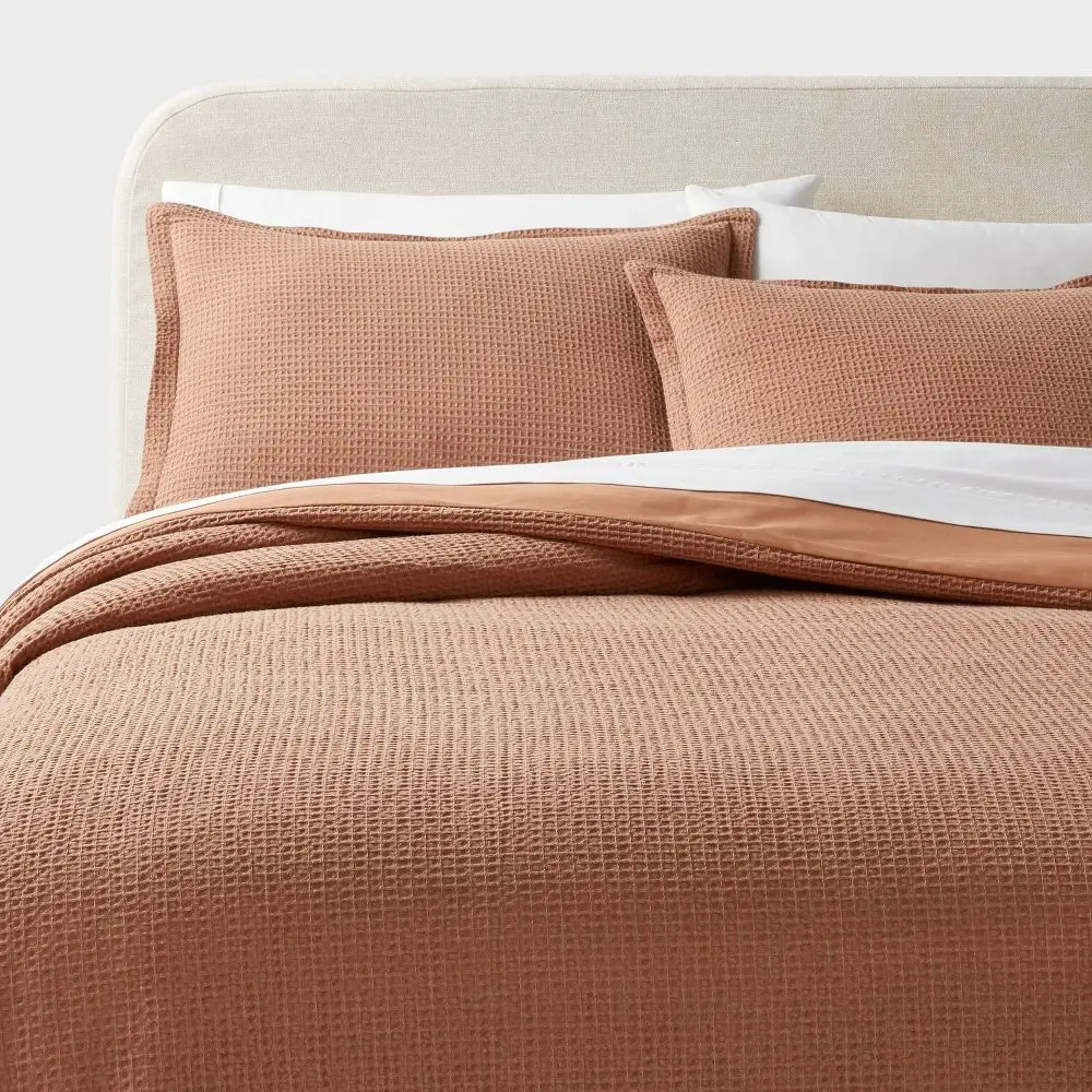 Full/Queen Washed Waffle Weave Duvet Cover and Sham Set Camel - Threshold: Cotton Bedding Set OEKO-TEX Certified