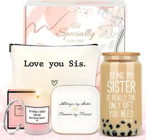 Sister Gifts from Sisters – Birthday Gift Set for Women with Funny Glass Cup, Makeup Bag, Candle, Bracelet & Jewelry Tray