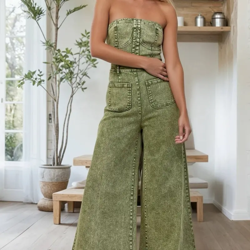 The Sassy Magnolia MINERAL WASH WIDE LEG DENIM JUMPSUIT  OLIVE SMALL