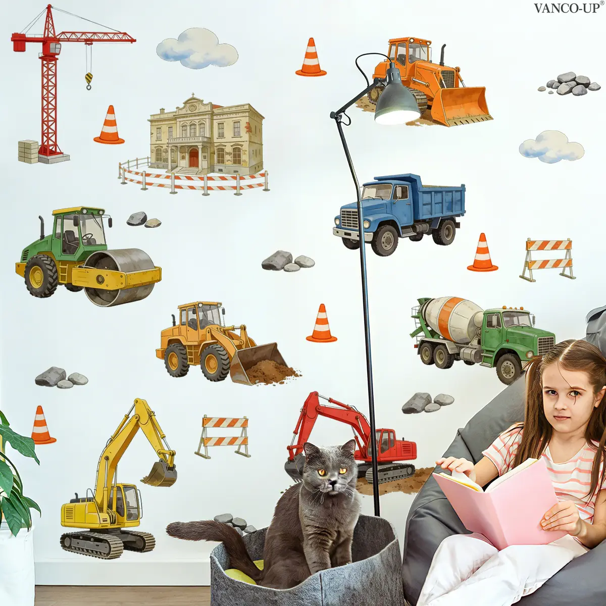 Set of 2 Pieces (30*60cm*2pcs) Watercolor Construction Vehicle Wall Stickers, Truck and Crane Wall Decals for Kids' Room Decoration