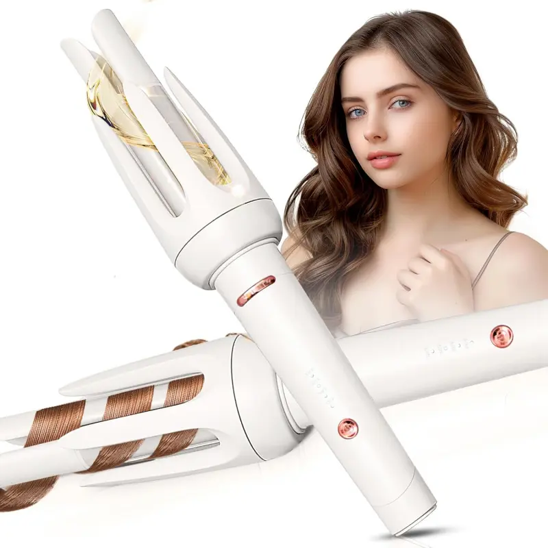 Automatic Hair Curler - Anti-Scald, Anti-Tangle Rotating Wand with 4 Temperatures, 3 Timers, Automatic Shut-Off for Hair Styling (White), Unisex