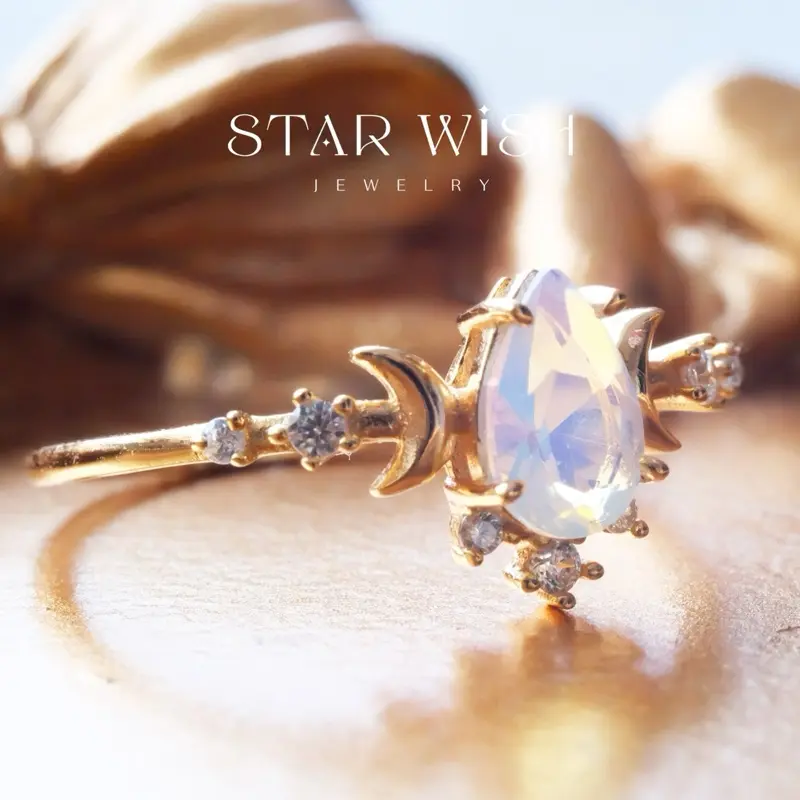 Opal Ring 14k Gold Plated 925 Sterling Silver Moon Pear Cut Fairy Pomise Ring Engagement Ring Wedding Jewelry