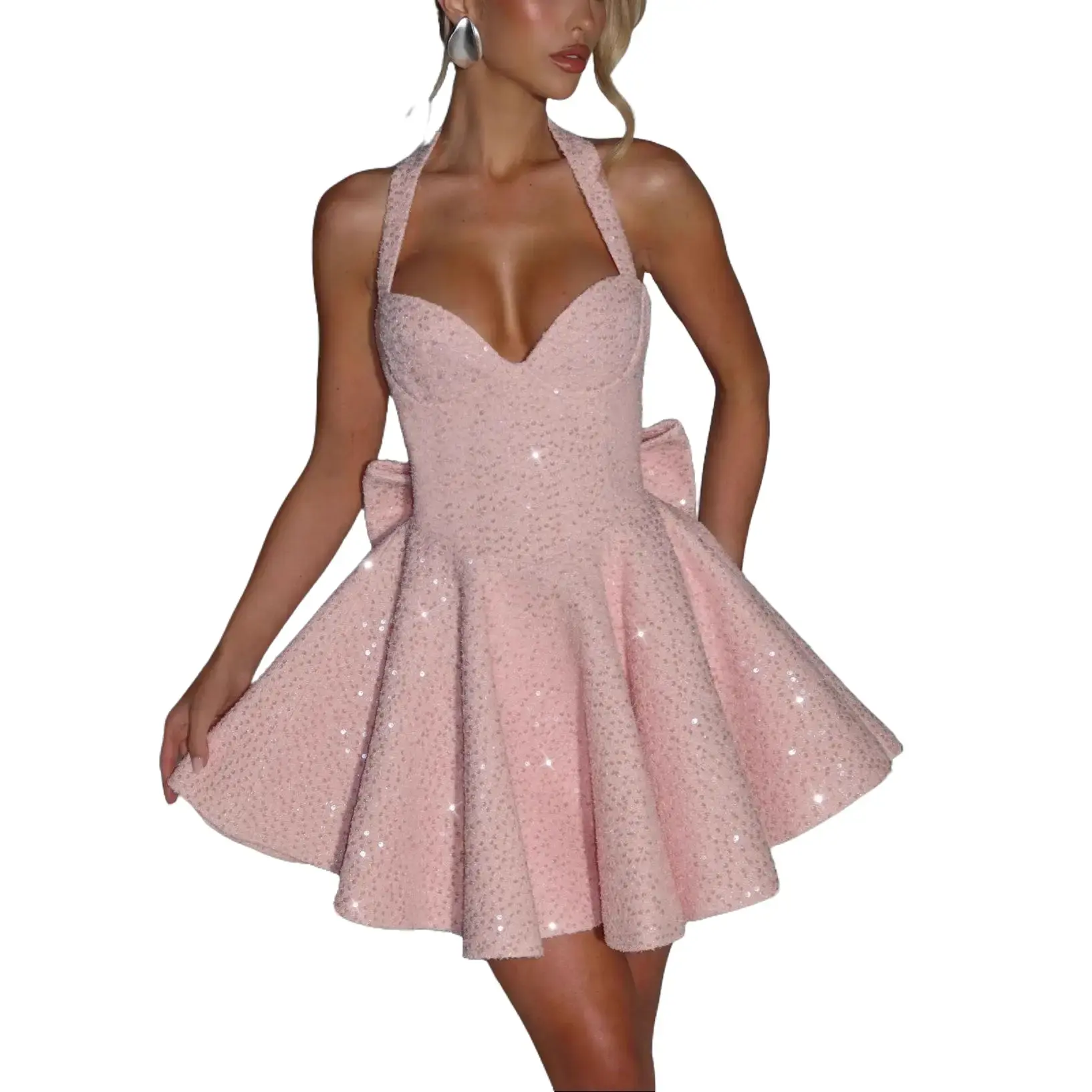 Women’s Chic Minimalist Solid Color Big Bow Halter Square Neck Sleeveless A-Line Spandex Smooth Fabric Mini Party Dress with Zipper, Elegant Going Out Dress for Date Night, Summer Events (S-L)