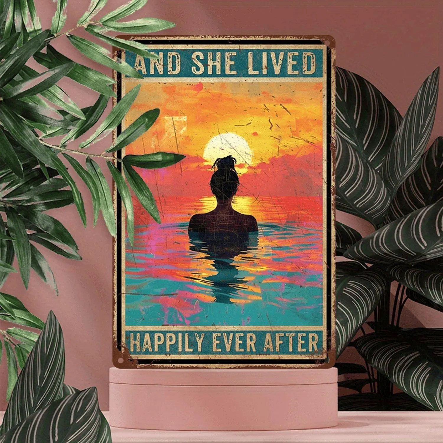 Prints 8x12 in And She Lived Happily Ever After Retro Sunset Silhouette Figure Design Scratch UV Resistant Easy Hang Living Room Bedroom or Office