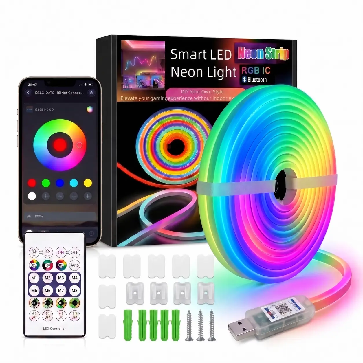Upgraded RGBIC Smart Neon LED Light Strip (5M/10M), Bluetooth APP & Remote Controlled Color Changing Mood Lights with Music Sync, Self-Adhesive USB Powered, for Room Decor, Cool Room Decor, Gaming Setup Accessories, Man Cave Gadgets