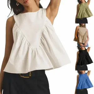 Womens Sleeveless Peplum Top Swing Tank Loose Fit Back Button Casual Blouse Ruffled Shirts Stretchy Lightweight