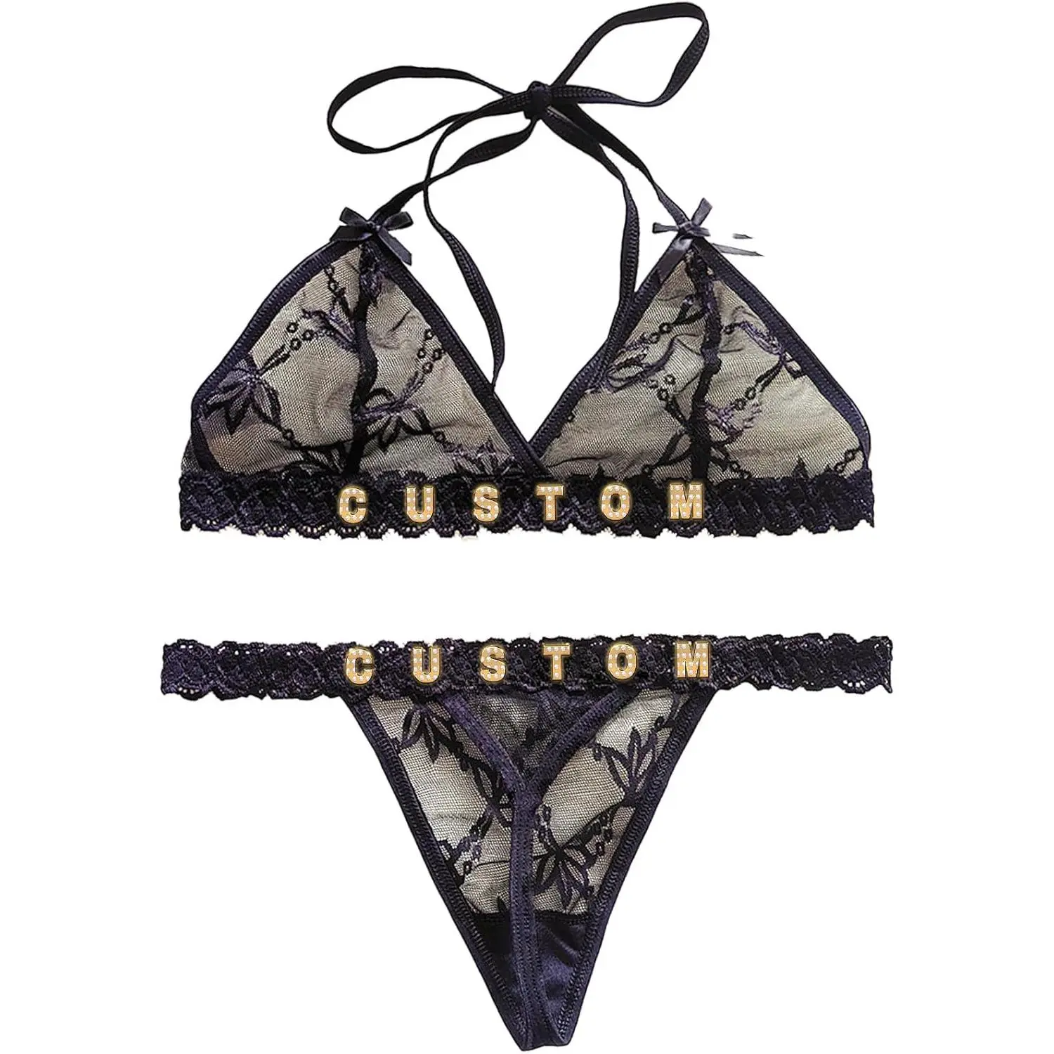 Personalized Thongs with Names Bra Set,Custom Sexy Lace Thongs with Name,Personalized Underwear Panties Lace Bikini