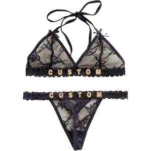 Personalized Thongs with Names Bra Set,Custom Sexy Lace Thongs with Name,Personalized Underwear Panties Lace Bikini