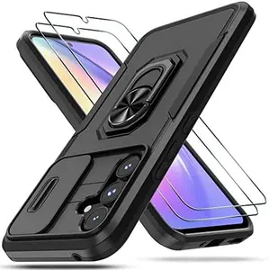 Phone Case for Samsung Galaxy A54 5G Case with 2 Tempered Glass Screen Protector, Built in Slide Camera Lens Cover+Finger Ring Stable Kickstand,Heavy Duty Shockproof Protective Phone Cover