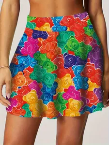 Summer Women's Lightweight Sporty Tennis Skirt and Shorts Set with Pockets, Colorful Bear Print, Ideal for Running Yoga Fitness