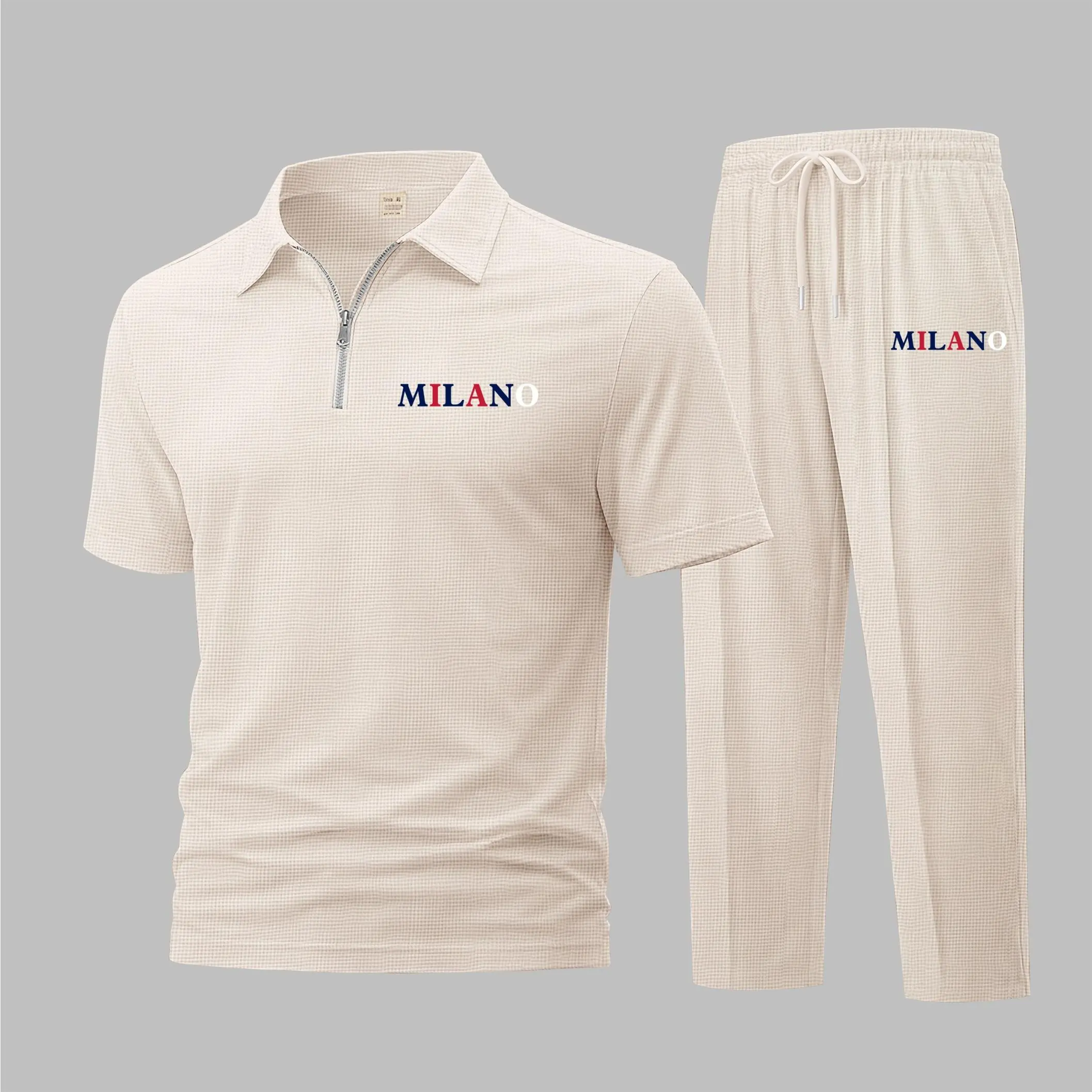 Men's MILANO Letter Print Waffle-Knit Polo Shirt Set, Short-Sleeve Zip-Up Collar Top with Matching Athletic Trousers, Casual Sportswear Outfit