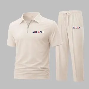 Men's MILANO Letter Print Waffle-Knit Polo Shirt Set, Short-Sleeve Zip-Up Collar Top with Matching Athletic Trousers, Casual Sportswear Outfit