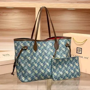 Vintage Print Faux Leather Tote Bag Large Shoulder Purse with Side Drawstrings
