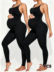2-Pack Pregnant Bodysuits, Fashionable Simple Solid Color, Stylish Strap Design, Suitable for All Seasons, Casual Style, Pregnancy Shapewear
