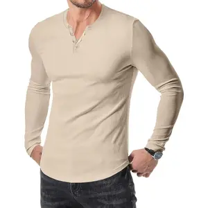 Mens 2026 Fall/Winter Fashion Casual Henley Shirt Long Sleeve Slim Fit Shirts Curved Hem for Athletic Gym Workout
