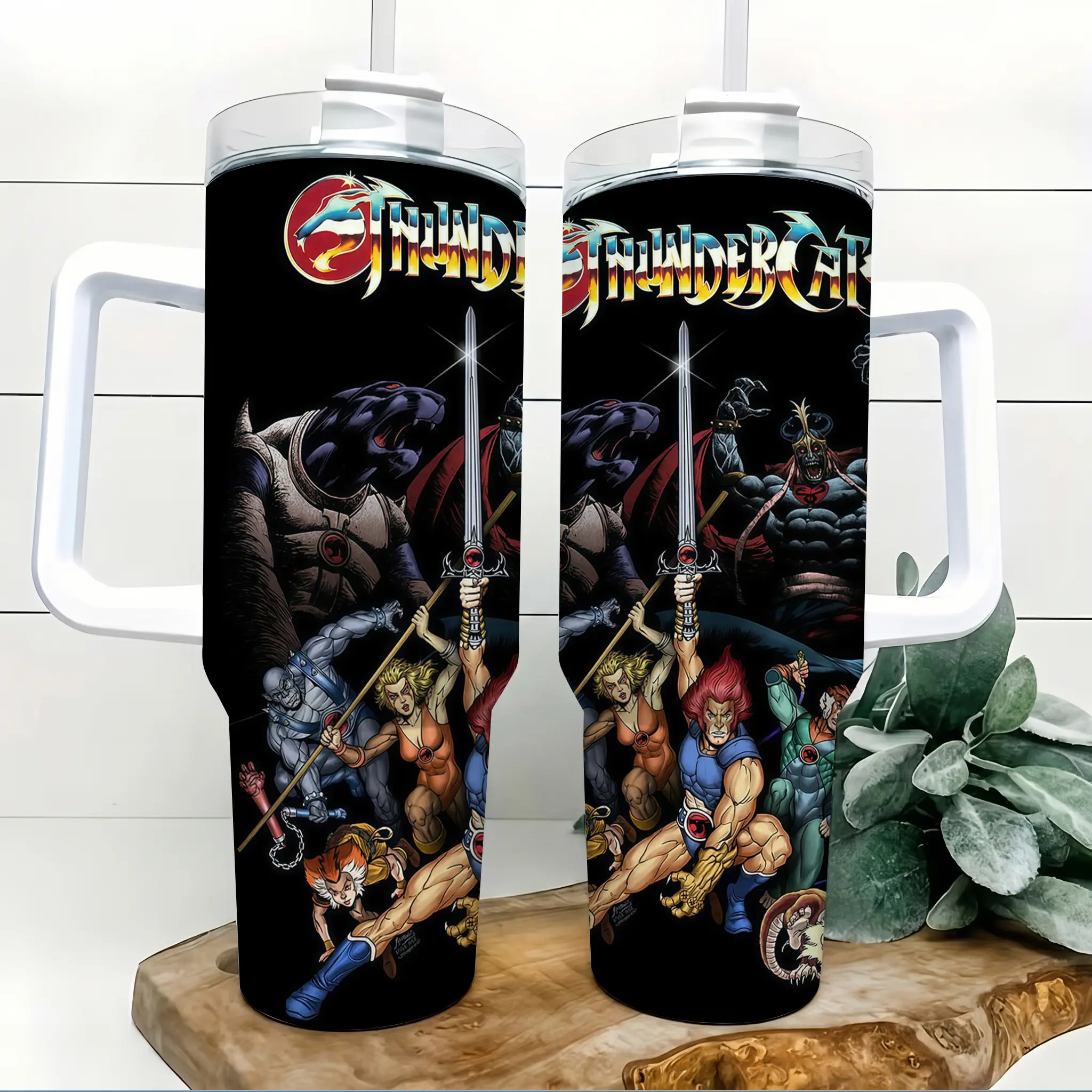 ThunderCats 40oz Insulated Tumbler with Handle and Straw Retro Cartoon Stainless Steel Travel Mug Full Wrap Around Vintage Heroes Villains Artwork Water Bottle Coffee Cup Birthday Gift for Collectors,Optical,Cow,strap,Constellation