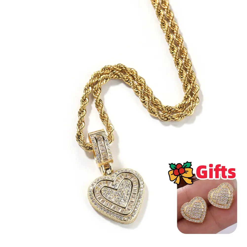 [LeBijouLab] Golden & Silver Heart Hip-hop Necklace w/ Twisted Chain & 1 Count Free Heart Stud Earrings | Unisex Heart Necklace for Women for Men | Da