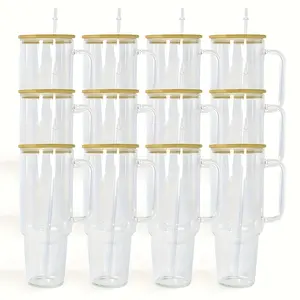 12packs Clear/frost 40oz Glass Coffee Mugs With Handle Clear 40oz Glass Travel Mugs With Handle Clear Frosted 40oz Glass Mugs Tumbler 2024 Popular Restaurant Sublimation Bulk Mug Cold Drinks Glass Water Bottle Clear And Frosted Glass Jar