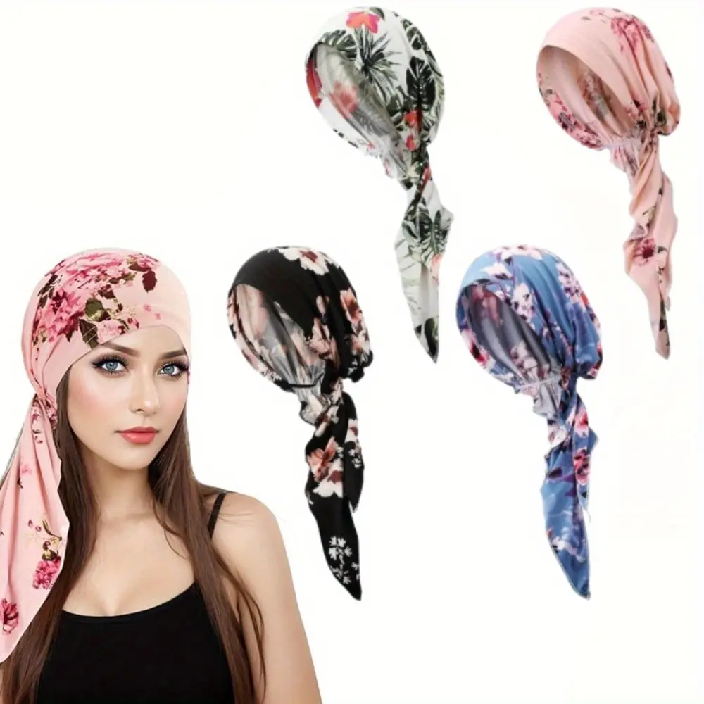 4Pcs Chemo Headwear for Women Pre Tied Cancer Caps Head Scarf Turbans for Women Patients Gifts Pre-Tied Headwraps Headwear Bandana for Hair Loss