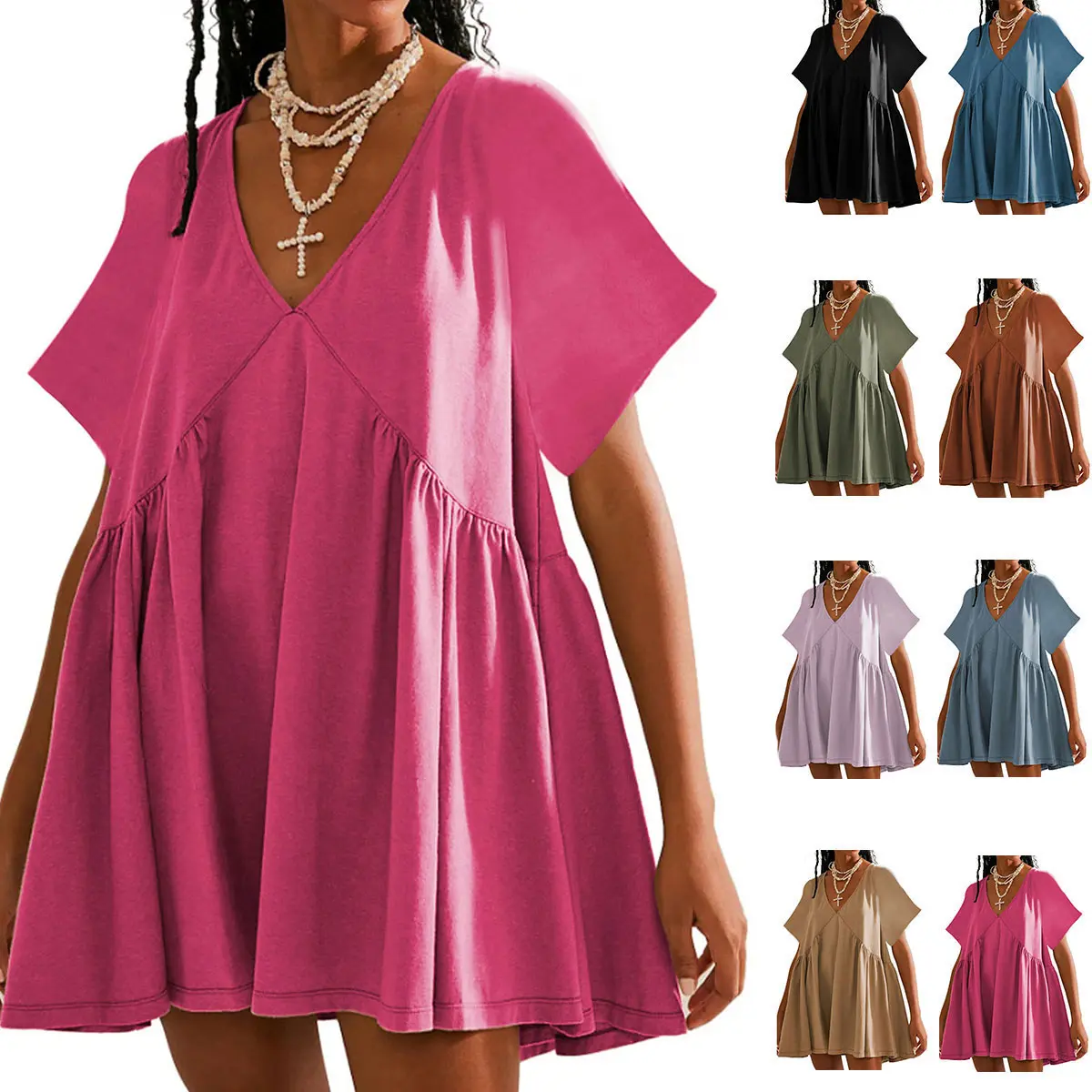 Tanming Women's Short-Sleeve Cotton Casual Mini Dress - Loose V-Neck Swing Sundress with Pockets, Minimalist Basic Solid Going Out Dresses for Beach, Summer #SpringStatements,summerwins, Shortsleeve, Going Out Dresses Cotton