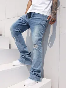 Men's Summer Thin Denim Light Wash Jeans Blue Trendy Slim Fit Ripped Straight Leg Casual Pants, New Fashion Brand Men's Clothing
