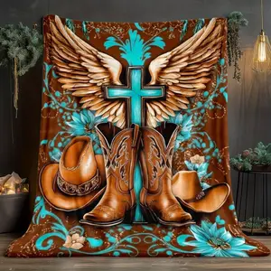 A Single Piece of A Decorative Blanket Featuring Wings and A Cross, Designed for Versatility. This Lightweight Flannel Throw Is Perfect for Use on Sofas, During Travel, Camping, or In Living Rooms, Offices, Chairs