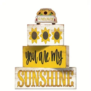 4 Pcs Sunflower Wood Table Decor, Sunflower Wood Table Block Decoration, Tiered Tray Decor Wooden Tabletop Sign Farmhouse Rustic, Wooden Sign Centerpieces for Home Party