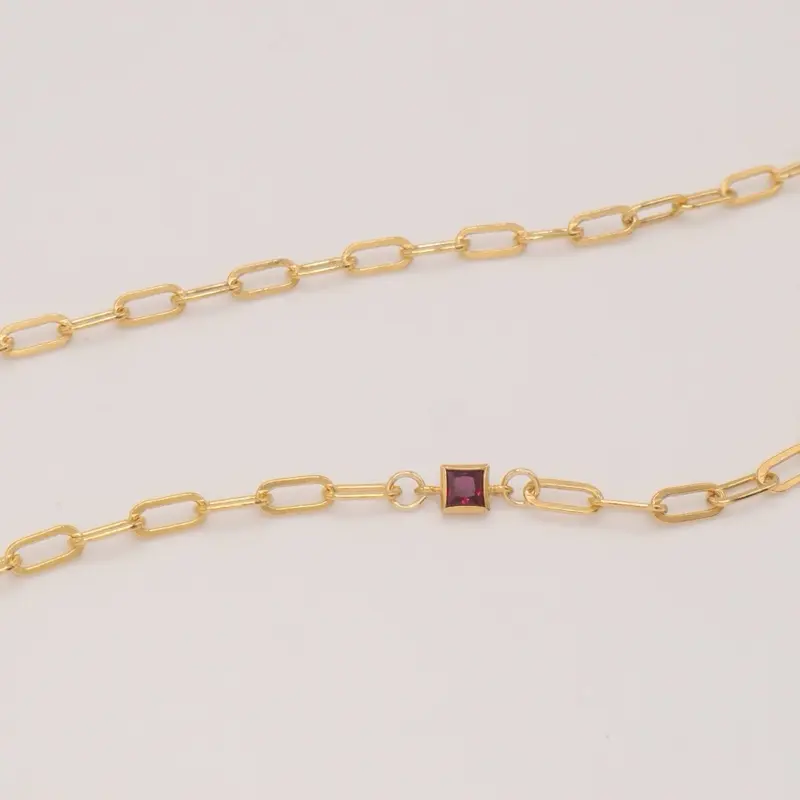 Square CZ Red Ruby Birthstone Bracelet + 14K paperclip chain - Square red ruby Birthstone Bracelet - Custom bracelet Gift for her & him