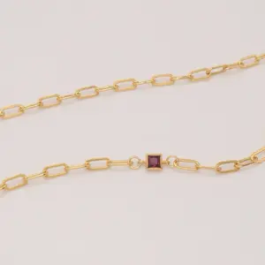 Square CZ Red Ruby Birthstone Bracelet + 14K paperclip chain - Square red ruby Birthstone Bracelet - Custom bracelet Gift for her & him