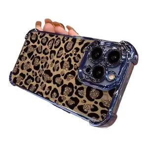 Leopard print electroplating four corners anti-drop leopard print iPhone 17promax mobile phone case iPhone16 creative fine hole soft case ip15pro