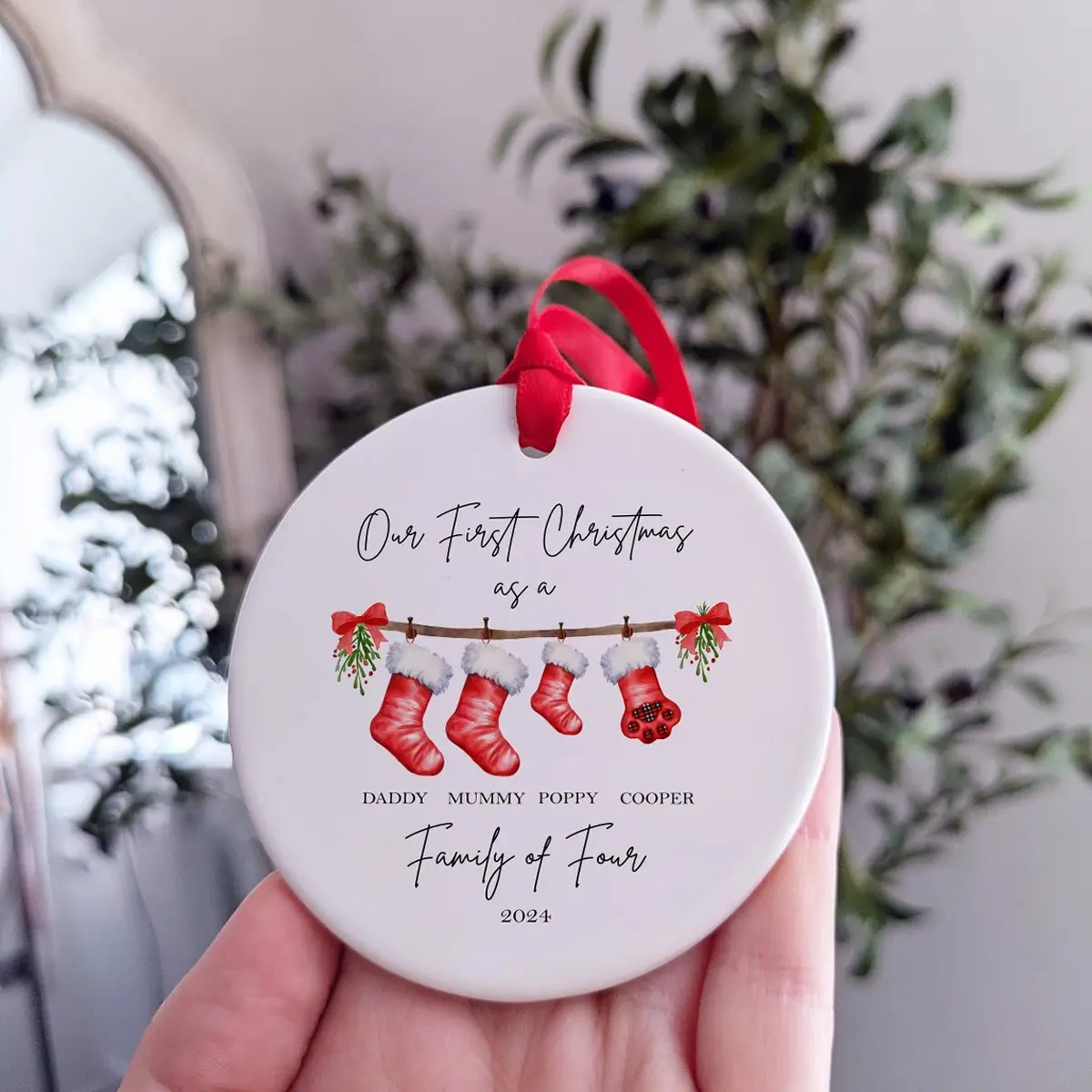 Personalised First Christmas as a Family of 4 Bauble, Baby First Christmas Tree Ornament, 1st Xmas Ornament, Custom Family Member Name On Ornament