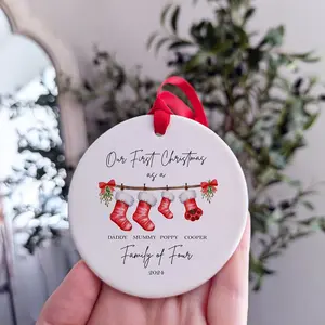 Personalised First Christmas as a Family of 4 Bauble, Baby First Christmas Tree Ornament, 1st Xmas Ornament, Custom Family Member Name On Ornament