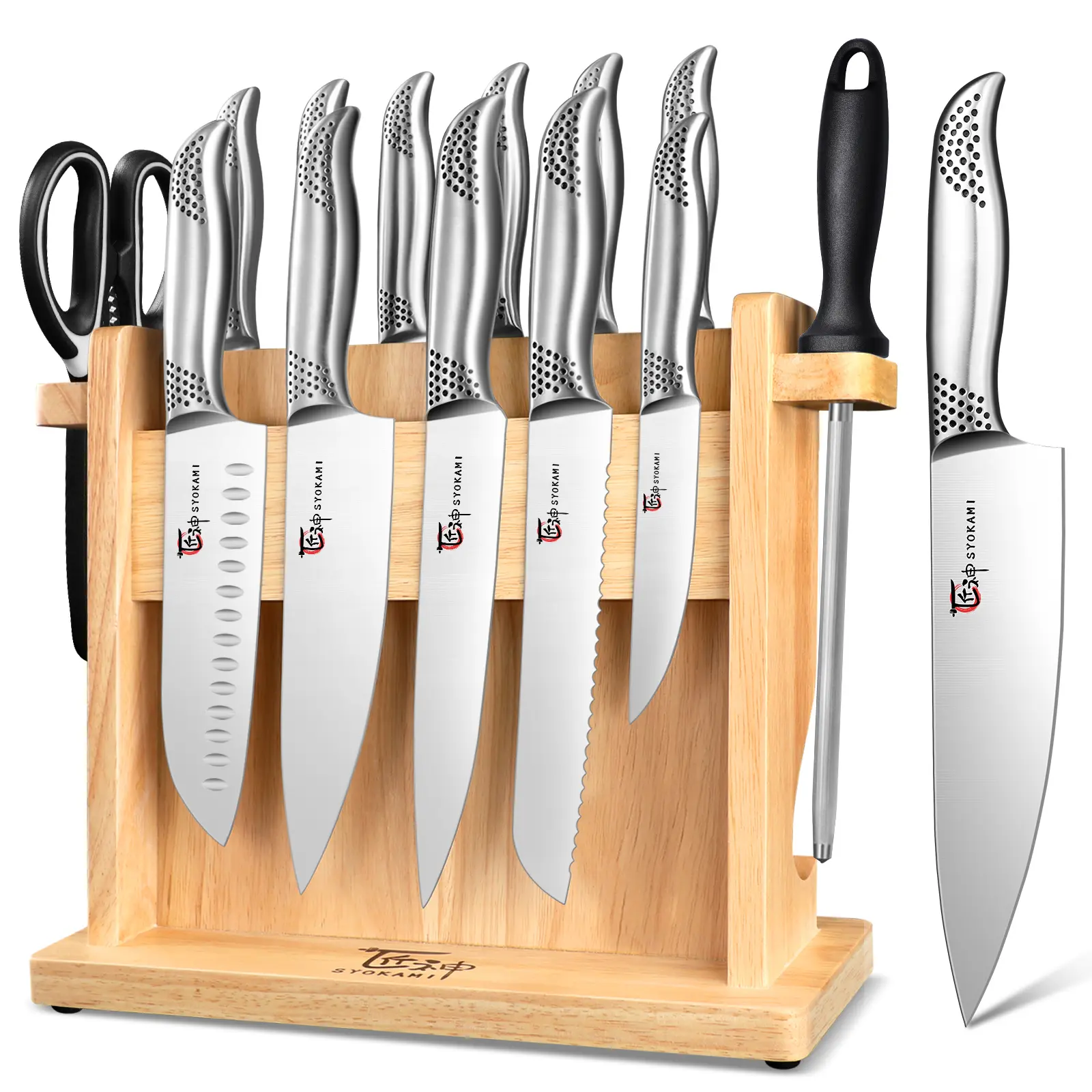 【DealsForYouDays】 SYOKAMI Kitchen Knife Set, 14 Pieces Japanese Style Knife Block Set with Magnetic Holder, High Carbon Stainless Steel Ultra Sharp Knives for kitchen with Ergonomic Handle and Sharpener, Black Dot, Mother's Day Gift